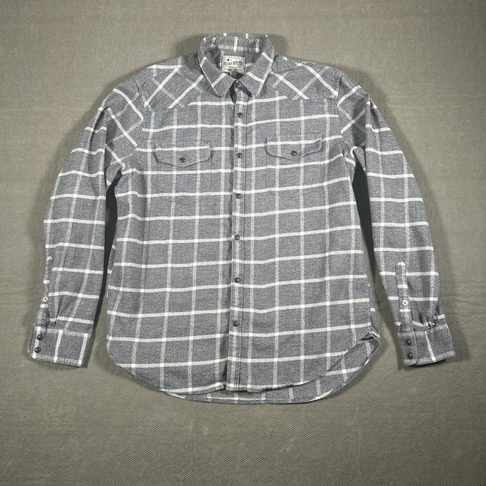 Lucky Brand Shirt Mens Large L Gray Plaid Flannel Pearl Snap Long Sleeve Stretch